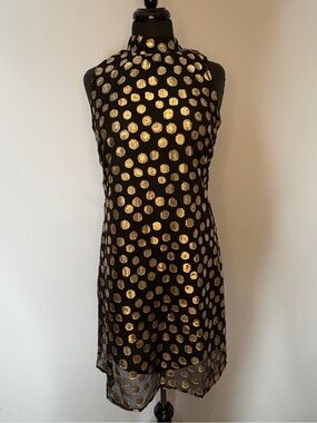 Black & Gold Polka Dot Tie Neck Party Holiday Wedding Guest Trapeze Dress 10